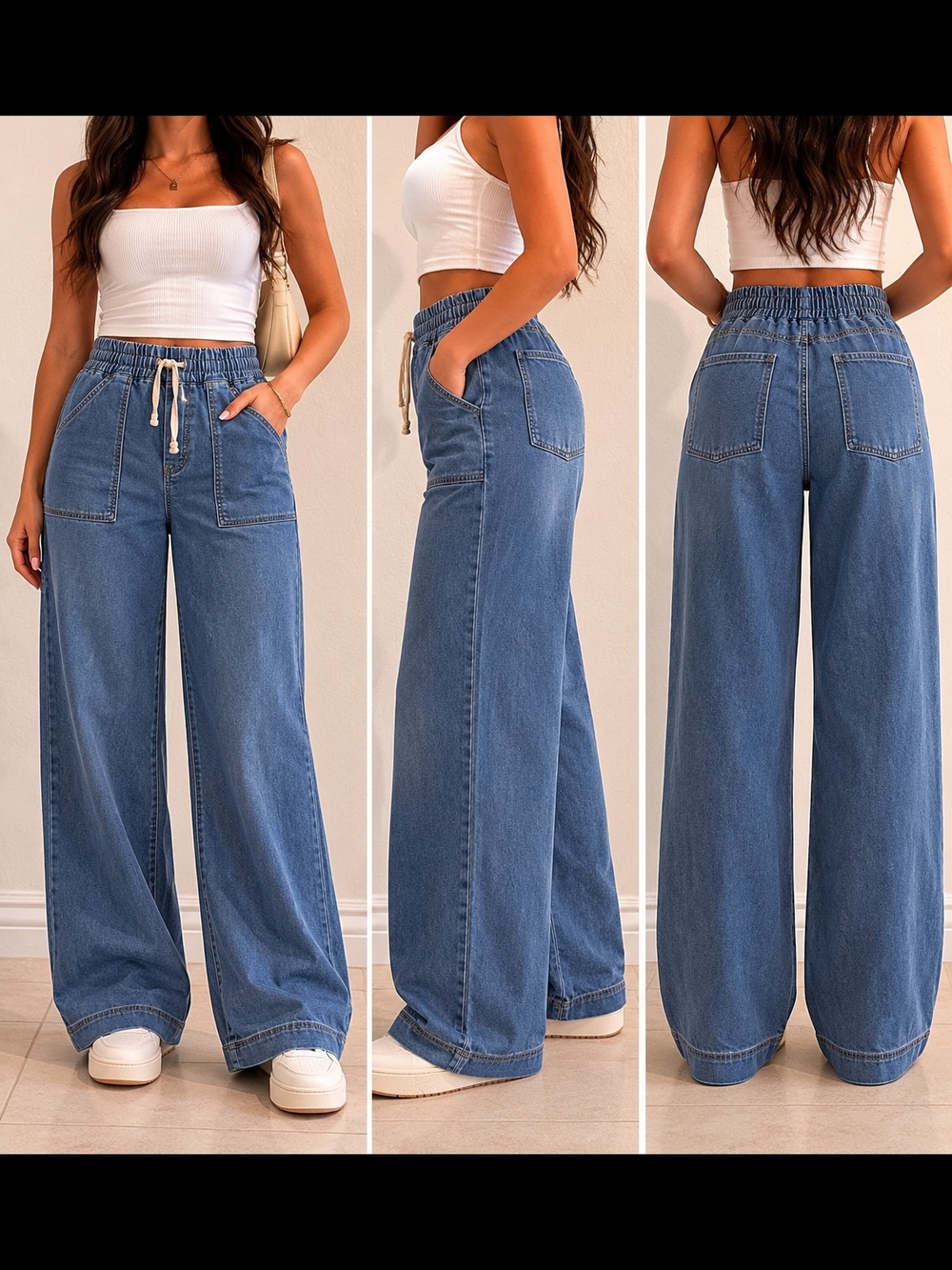 Sincerly Jules Wide Leg Elastic Band Denim Jeans in Blue